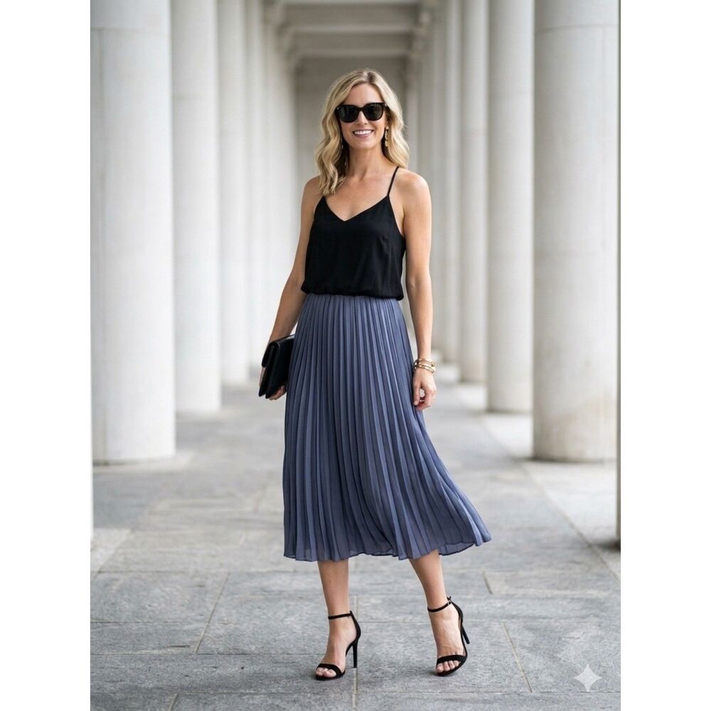 LOFT Mixed Media Pleated Cami Midi Dress Black Purple Size M